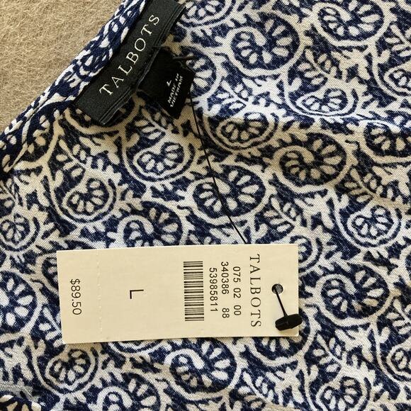 Talbots Faux Wrap Top Sz L NWT Blue White 3/4 Sleeve Tie Waist Coastal Peasant - Picture 4 of 12